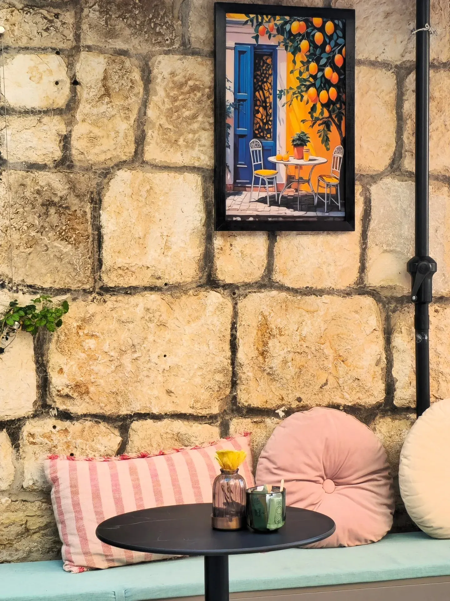 Dalmatian stone wall and Fyaka cafe seating